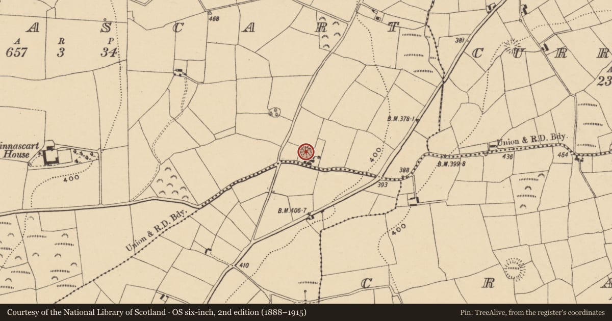 Ordnance Survey six-inch map, 2nd edition (1888–1915) covering the location of Enclosure, Tinnascart, County Waterford, with a pin at the register's coordinates