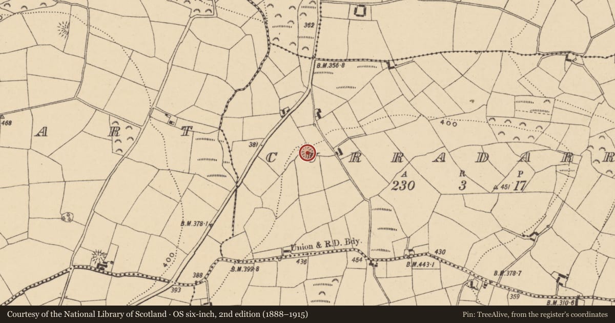 Ordnance Survey six-inch map, 2nd edition (1888–1915) covering the location of Ringfort - rath, Curradarra, County Waterford, with a pin at the register's coordinates