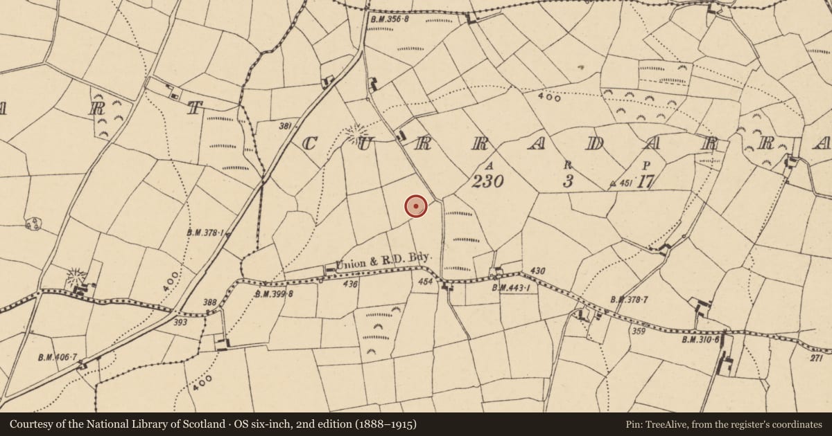 Ordnance Survey six-inch map, 2nd edition (1888–1915) covering the location of Ringfort - unclassified, Curradarra, County Waterford, with a pin at the register's coordinates