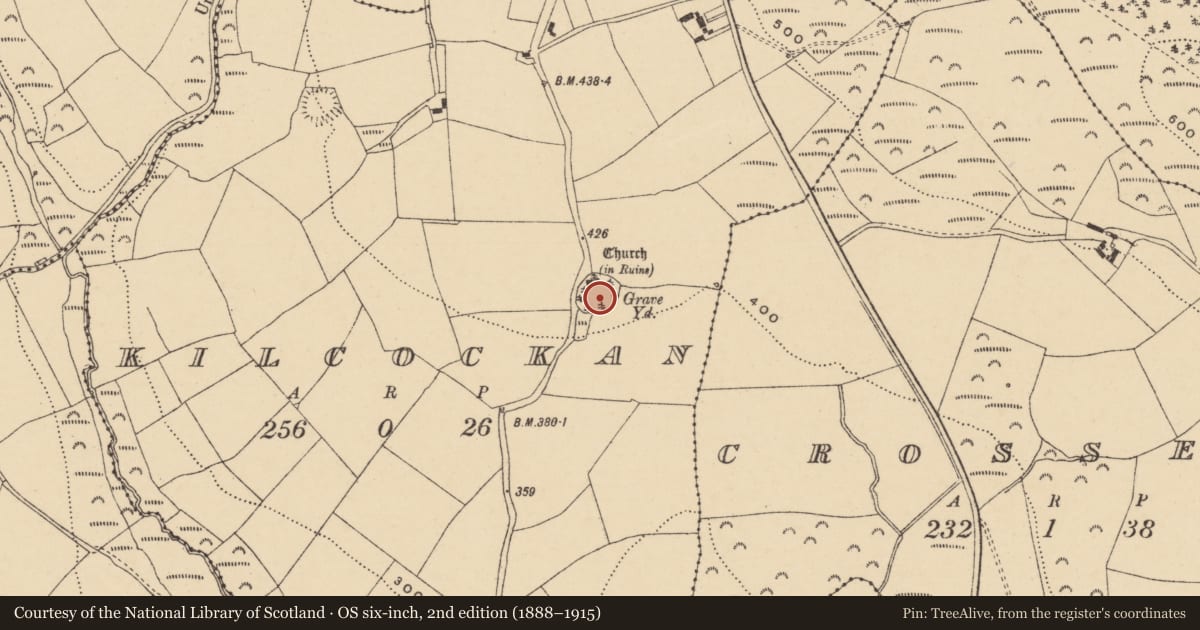 Ordnance Survey six-inch map, 2nd edition (1888–1915) covering the location of Graveyard, Kilcockan, County Waterford, with a pin at the register's coordinates