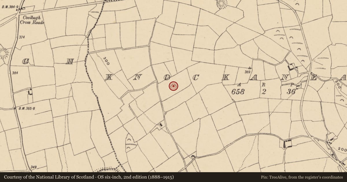 Ordnance Survey six-inch map, 2nd edition (1888–1915) covering the location of Enclosure, Knockanearis, County Waterford, with a pin at the register's coordinates