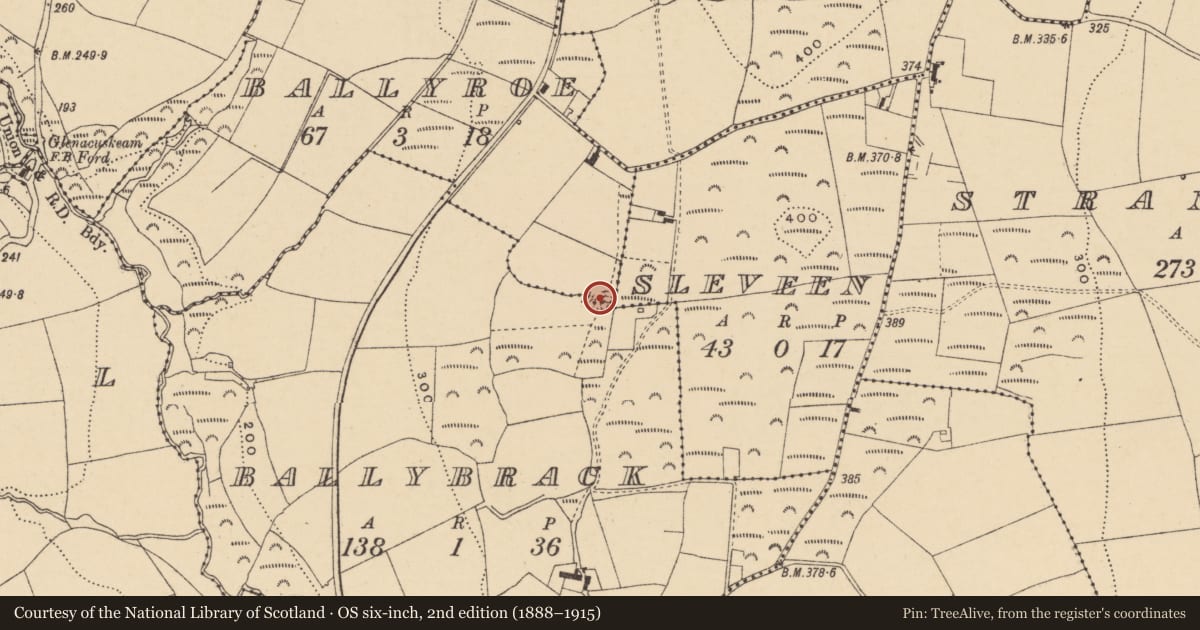 Ordnance Survey six-inch map, 2nd edition (1888–1915) covering the location of Enclosure, Ballybrack, Ballyroe, County Waterford, with a pin at the register's coordinates