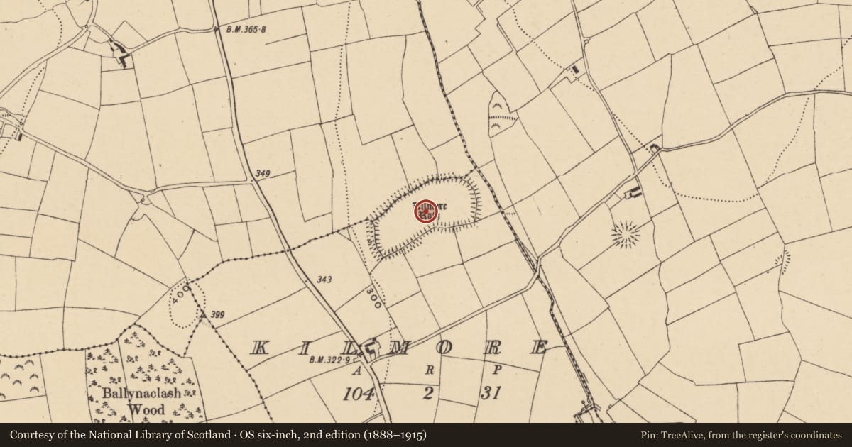 Ordnance Survey six-inch map, 2nd edition (1888–1915) covering the location of Enclosure, Coolbagh, Kilmore, County Waterford, with a pin at the register's coordinates