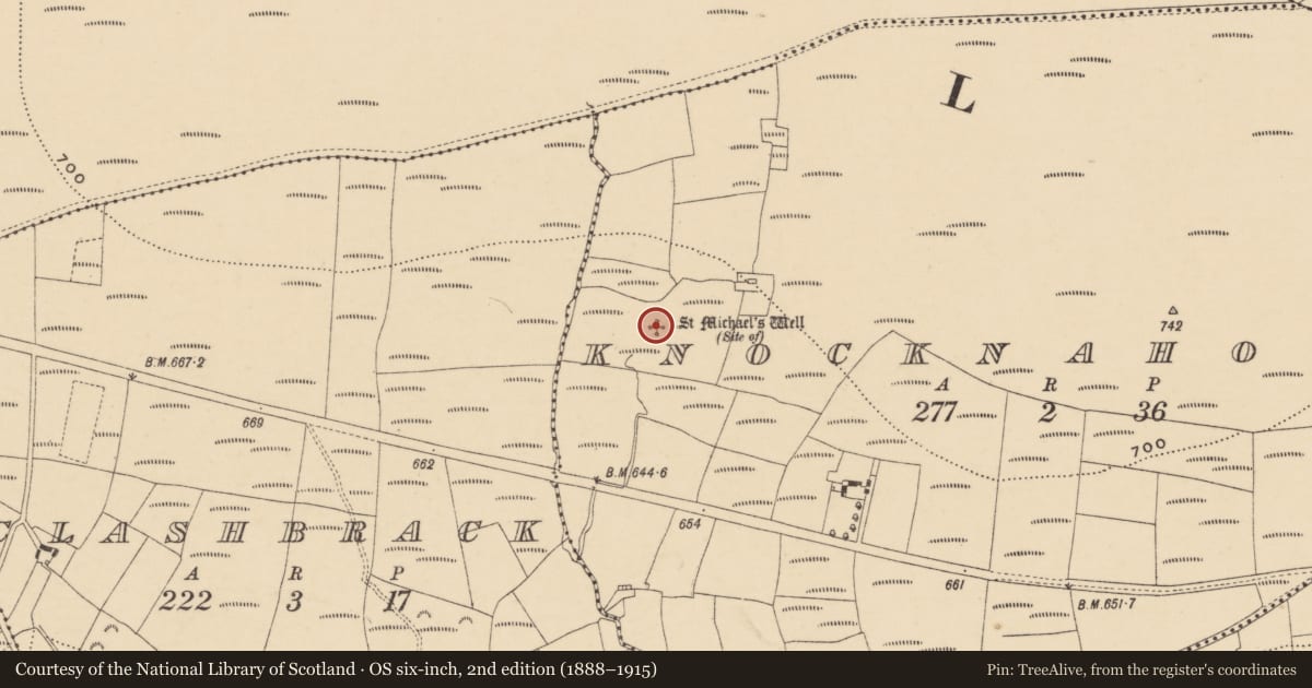 Ordnance Survey six-inch map, 2nd edition (1888–1915) covering the location of Ritual site - holy well, Knocknahoola, County Waterford, with a pin at the register's coordinates