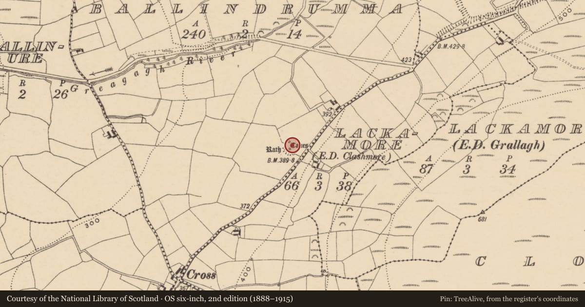 Ordnance Survey six-inch map, 2nd edition (1888–1915) covering the location of Ringfort - rath, Ballindrumma, County Waterford, with a pin at the register's coordinates