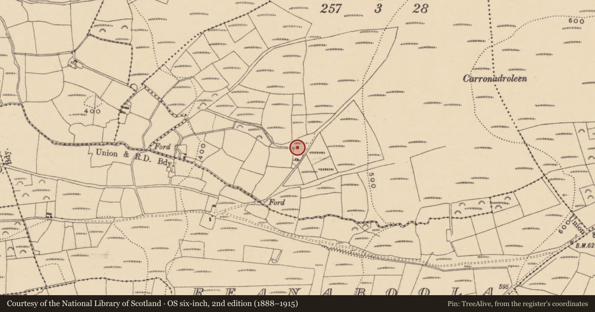 Ordnance Survey six-inch map, 2nd edition (1888–1915) covering the location of Ritual site - holy well, Monalummery, County Waterford, with a pin at the register's coordinates