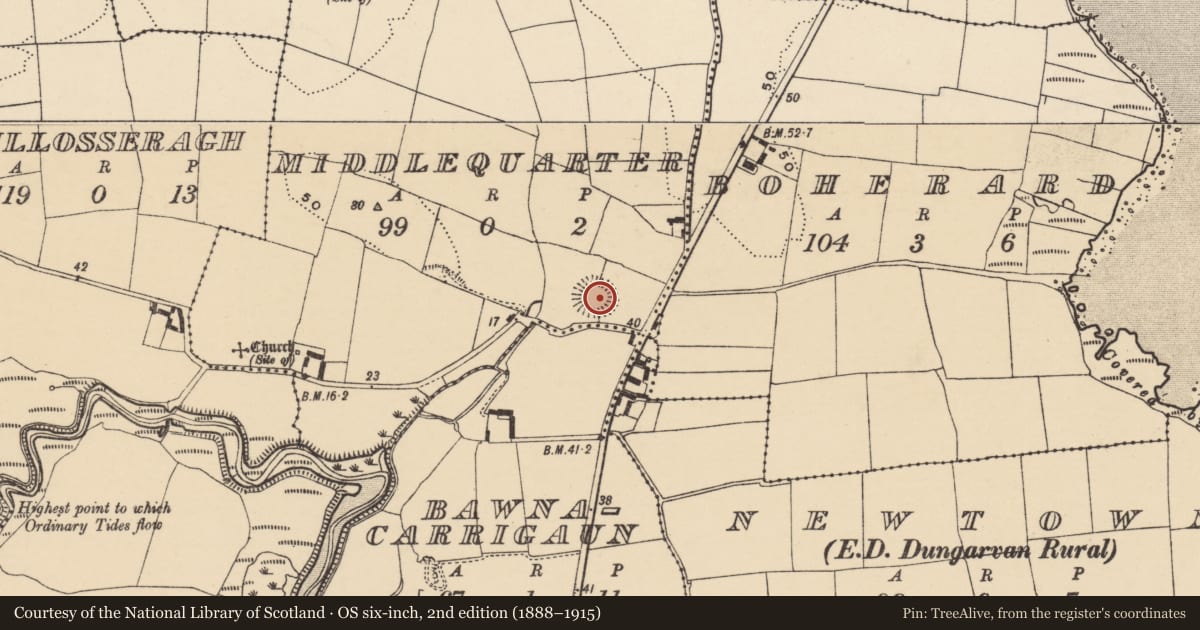 Ordnance Survey six-inch map, 2nd edition (1888–1915) covering the location of Enclosure, Middlequarter, County Waterford, with a pin at the register's coordinates