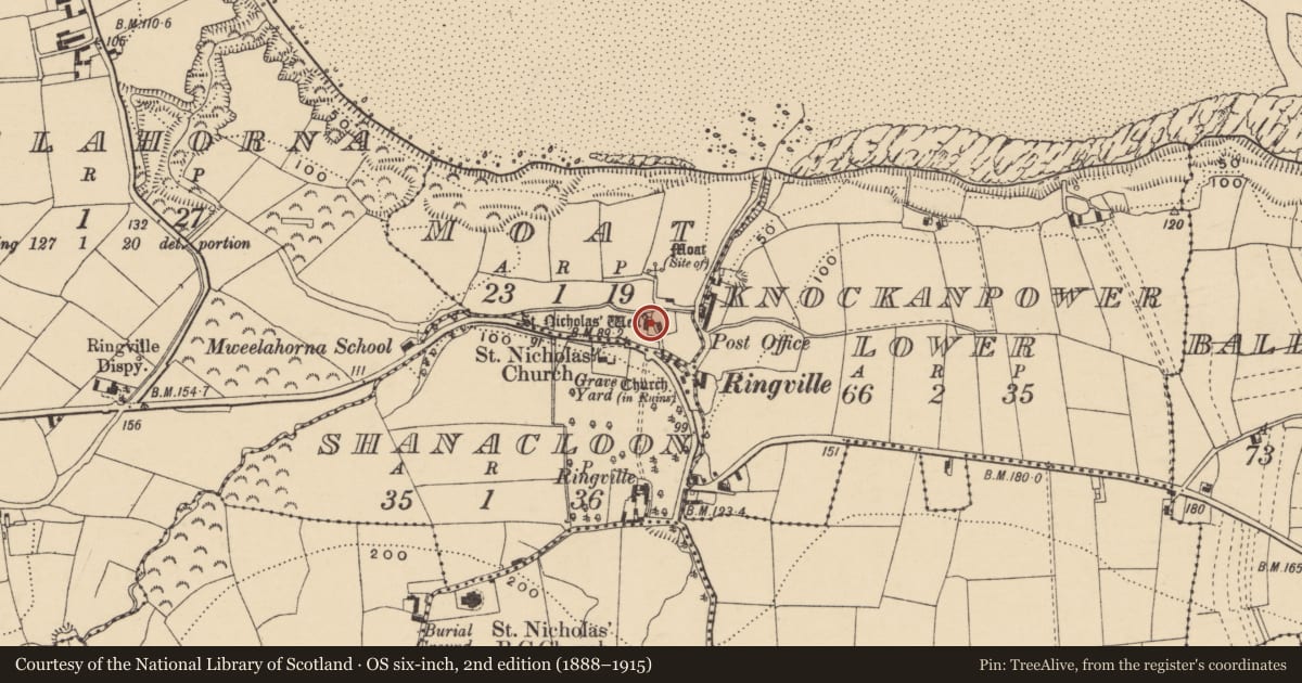 Ordnance Survey six-inch map, 2nd edition (1888–1915) covering the location of Ritual site - holy well, An Móta, County Waterford, with a pin at the register's coordinates