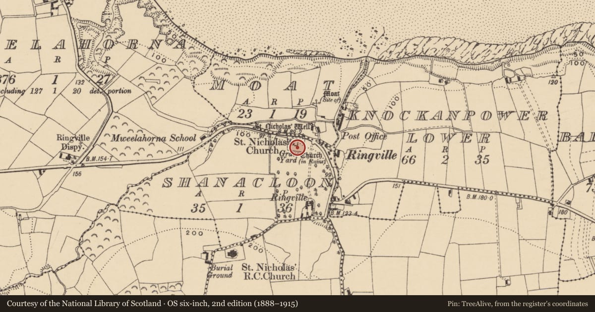 Ordnance Survey six-inch map, 2nd edition (1888–1915) covering the location of Church, Seanchluain, County Waterford, with a pin at the register's coordinates