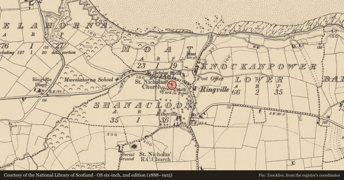 Ordnance Survey six-inch map, 2nd edition (1888–1915) covering the location of Graveyard, Seanchluain, County Waterford, with a pin at the register's coordinates