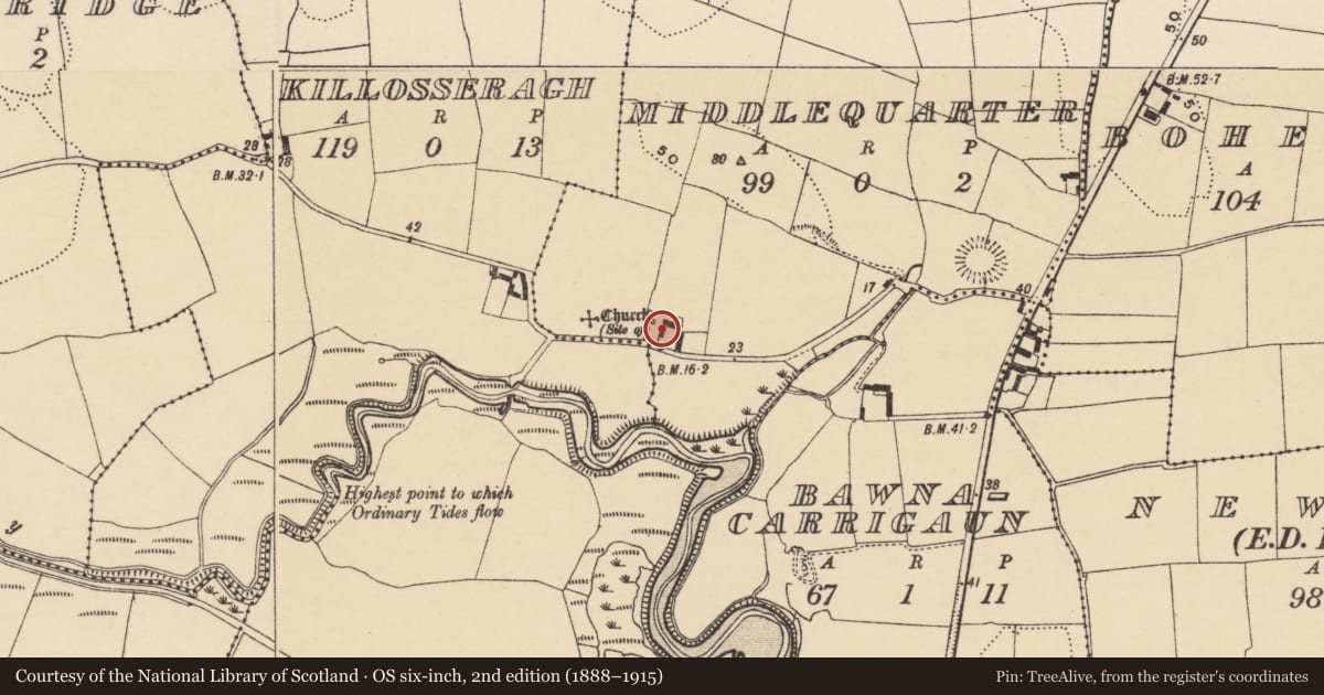 Ordnance Survey six-inch map, 2nd edition (1888–1915) covering the location of Stone sculpture, Middlequarter, County Waterford, with a pin at the register's coordinates