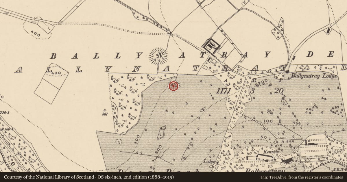 Ordnance Survey six-inch map, 2nd edition (1888–1915) covering the location of Enclosure, Ballynatray Demesne, County Waterford, with a pin at the register's coordinates