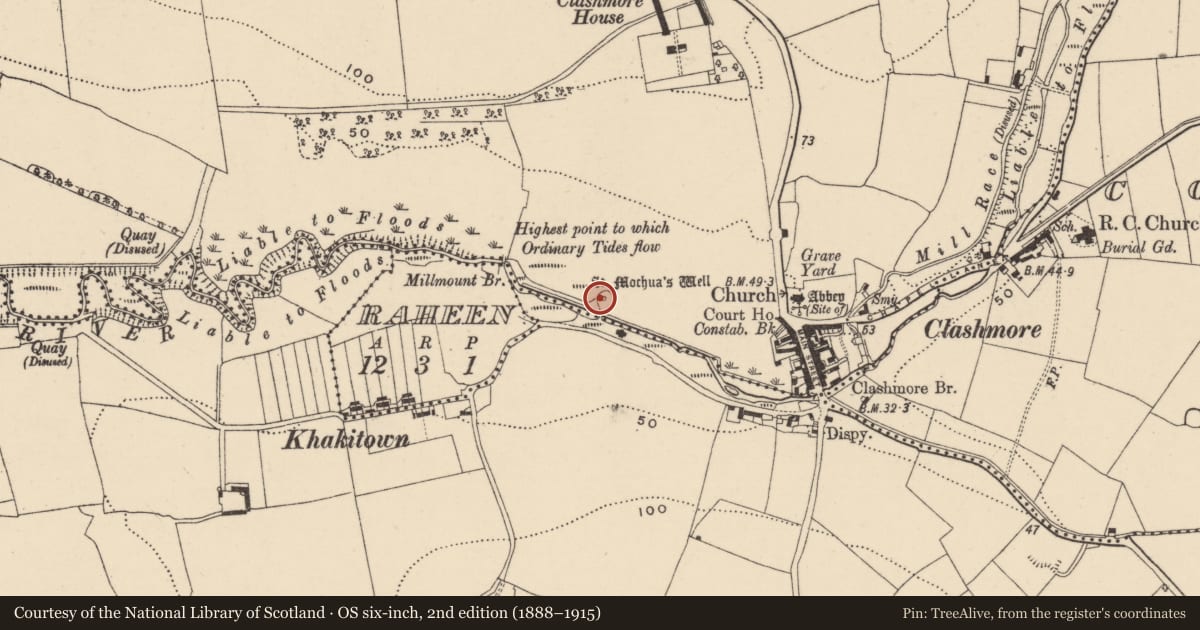 Ordnance Survey six-inch map, 2nd edition (1888–1915) covering the location of Ritual site - holy well, Clashmore, County Waterford, with a pin at the register's coordinates