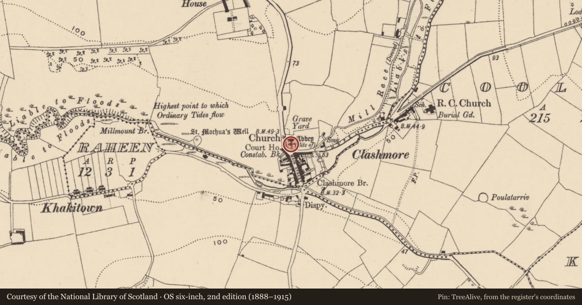 Ordnance Survey six-inch map, 2nd edition (1888–1915) covering the location of Church, Clashmore, County Waterford, with a pin at the register's coordinates