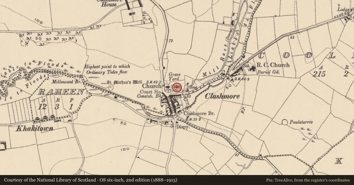Ordnance Survey six-inch map, 2nd edition (1888–1915) covering the location of Graveyard, Clashmore, County Waterford, with a pin at the register's coordinates