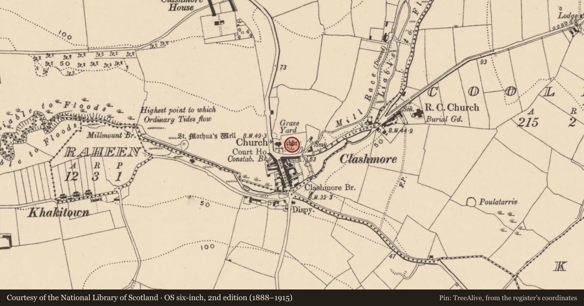 Ordnance Survey six-inch map, 2nd edition (1888–1915) covering the location of Cross-inscribed stone, Clashmore, County Waterford, with a pin at the register's coordinates