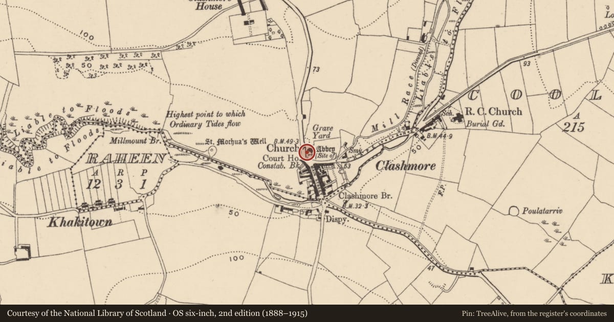 Ordnance Survey six-inch map, 2nd edition (1888–1915) covering the location of Cross, Clashmore, County Waterford, with a pin at the register's coordinates