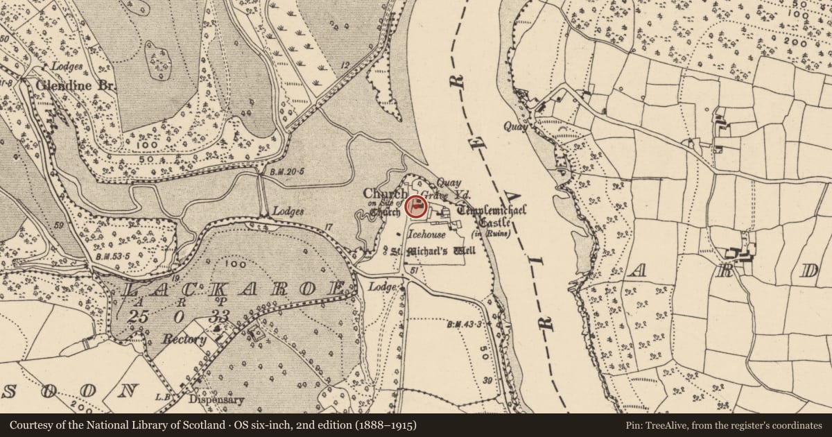 Ordnance Survey six-inch map, 2nd edition (1888–1915) covering the location of Church, Templemichael, County Waterford, with a pin at the register's coordinates