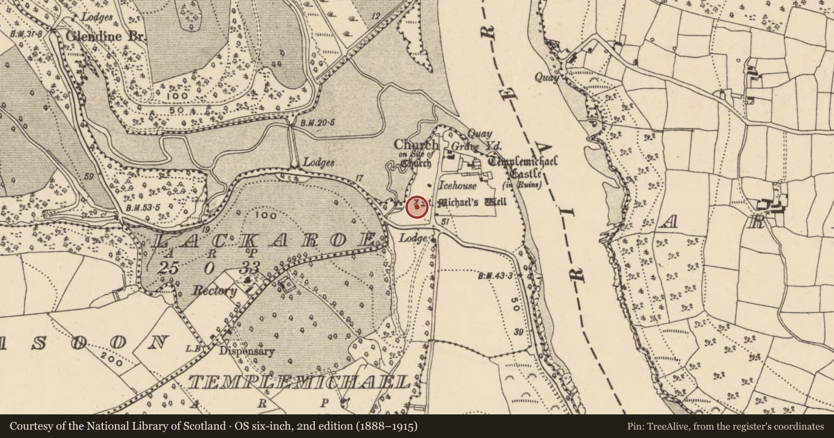 Ordnance Survey six-inch map, 2nd edition (1888–1915) covering the location of Ritual site - holy well, Templemichael, County Waterford, with a pin at the register's coordinates