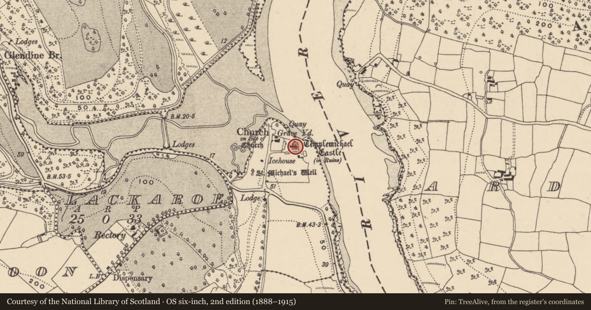 Ordnance Survey six-inch map, 2nd edition (1888–1915) covering the location of Building, Templemichael, County Waterford, with a pin at the register's coordinates