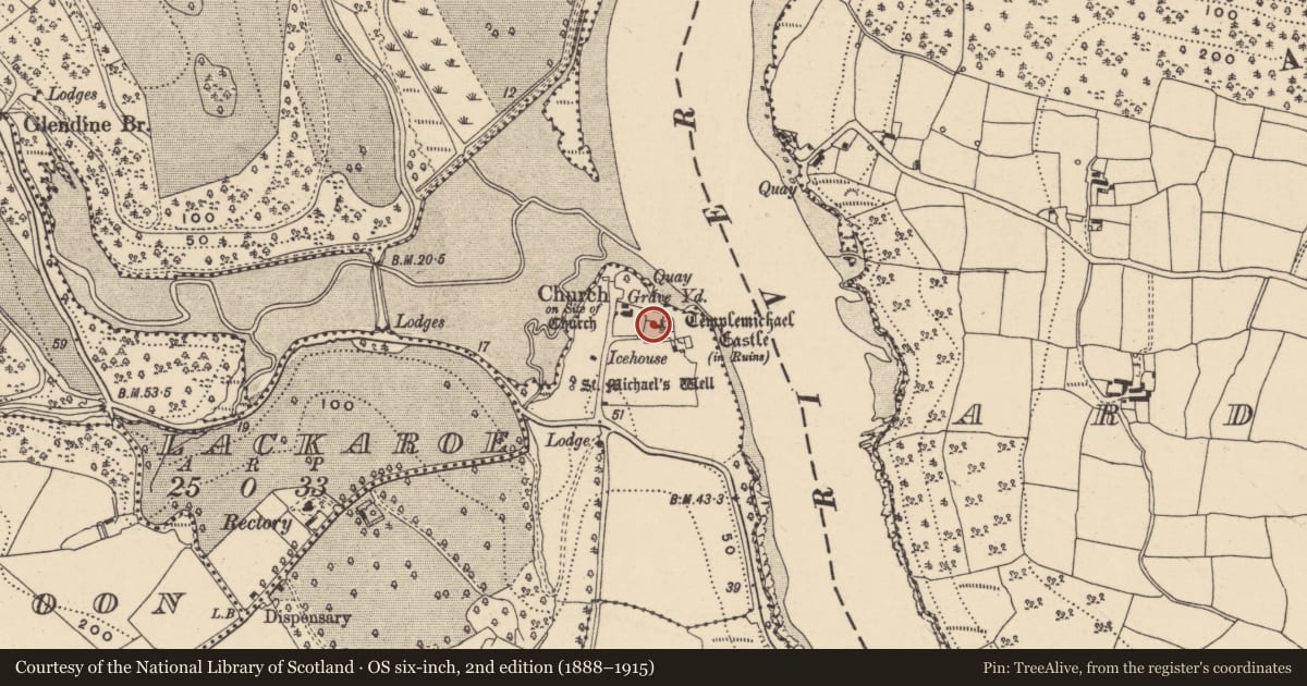 Ordnance Survey six-inch map, 2nd edition (1888–1915) covering the location of Castle - tower house, Templemichael, County Waterford, with a pin at the register's coordinates