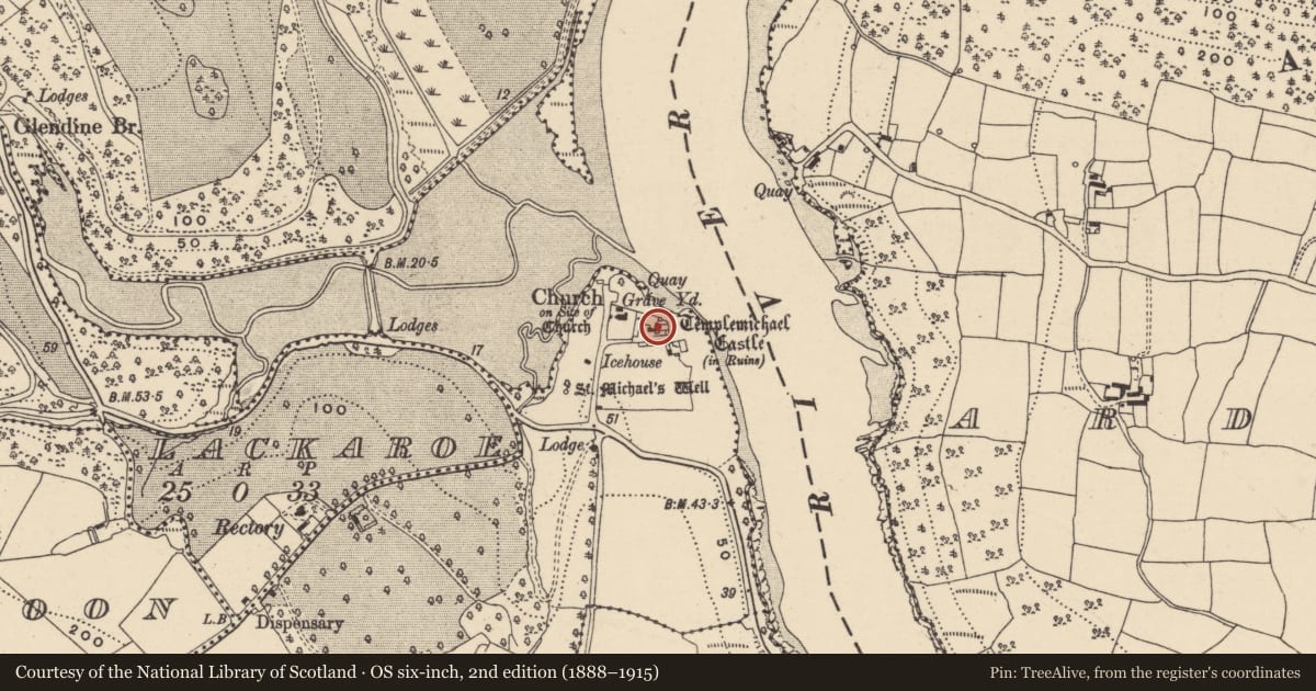Ordnance Survey six-inch map, 2nd edition (1888–1915) covering the location of Bawn, Templemichael, County Waterford, with a pin at the register's coordinates