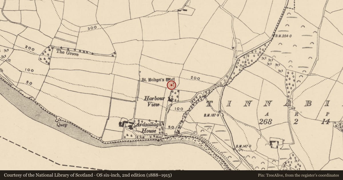 Ordnance Survey six-inch map, 2nd edition (1888–1915) covering the location of Ritual site - holy well, Ardsallagh, County Waterford, with a pin at the register's coordinates