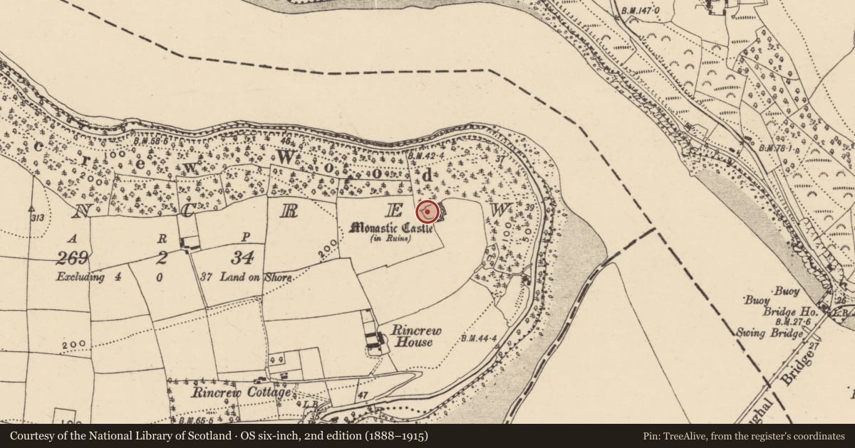 Ordnance Survey six-inch map, 2nd edition (1888–1915) covering the location of Religious house - Knights Templars, Rincrew, County Waterford, with a pin at the register's coordinates