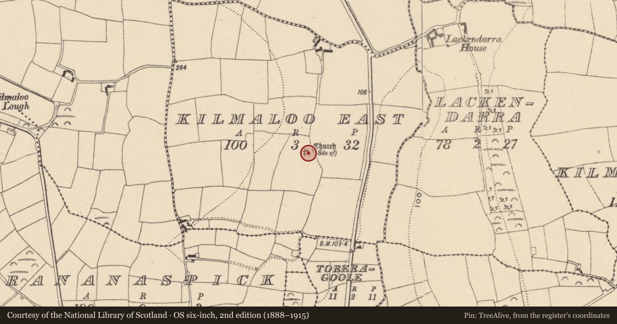 Ordnance Survey six-inch map, 2nd edition (1888–1915) covering the location of Enclosure, Kilmaloo East, County Waterford, with a pin at the register's coordinates