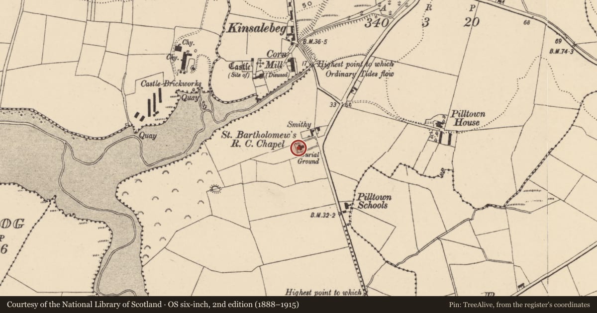 Ordnance Survey six-inch map, 2nd edition (1888–1915) covering the location of Church, Pilltown, County Waterford, with a pin at the register's coordinates