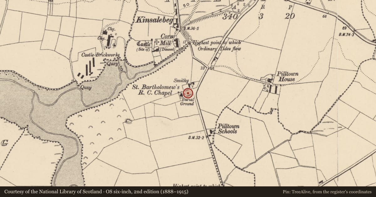 Ordnance Survey six-inch map, 2nd edition (1888–1915) covering the location of Graveyard, Pilltown, County Waterford, with a pin at the register's coordinates