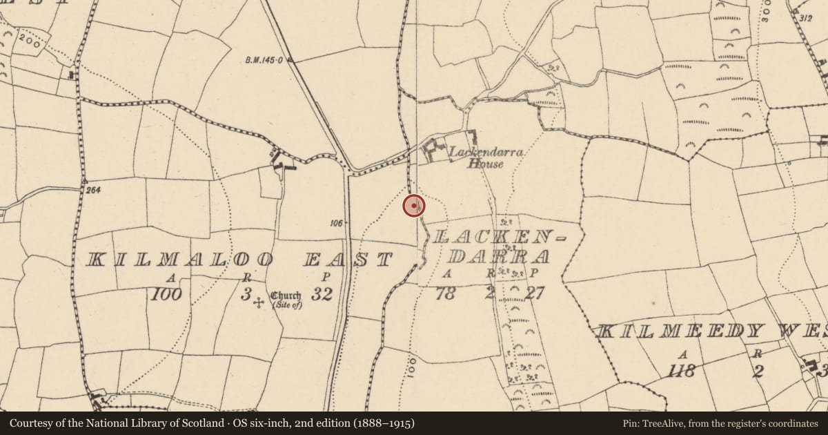Ordnance Survey six-inch map, 2nd edition (1888–1915) covering the location of Burnt mound, Kilmaloo East, County Waterford, with a pin at the register's coordinates