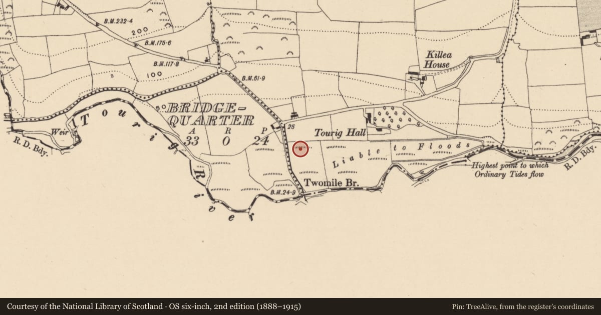 Ordnance Survey six-inch map, 2nd edition (1888–1915) covering the location of Burnt mound, Killea, County Waterford, with a pin at the register's coordinates