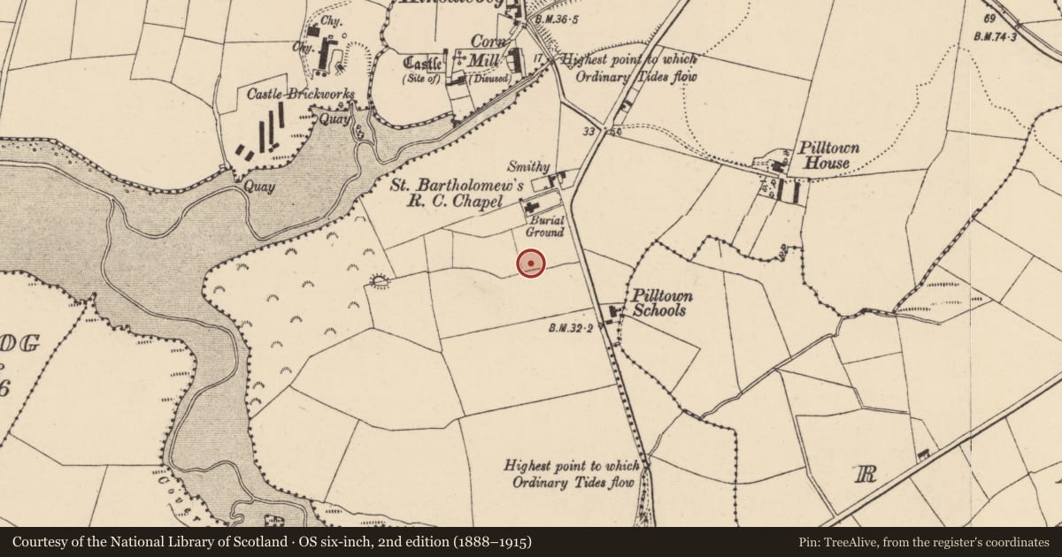 Ordnance Survey six-inch map, 2nd edition (1888–1915) covering the location of Habitation site, Pilltown, County Waterford, with a pin at the register's coordinates