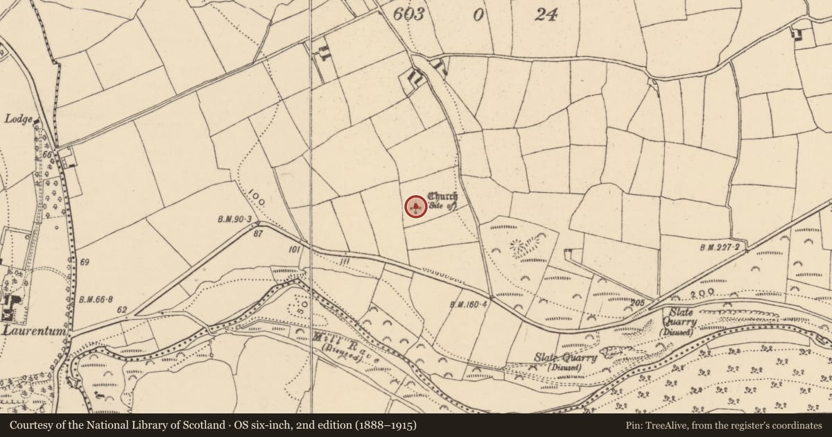 Ordnance Survey six-inch map, 2nd edition (1888–1915) covering the location of Church, Kilgabriel, County Waterford, with a pin at the register's coordinates