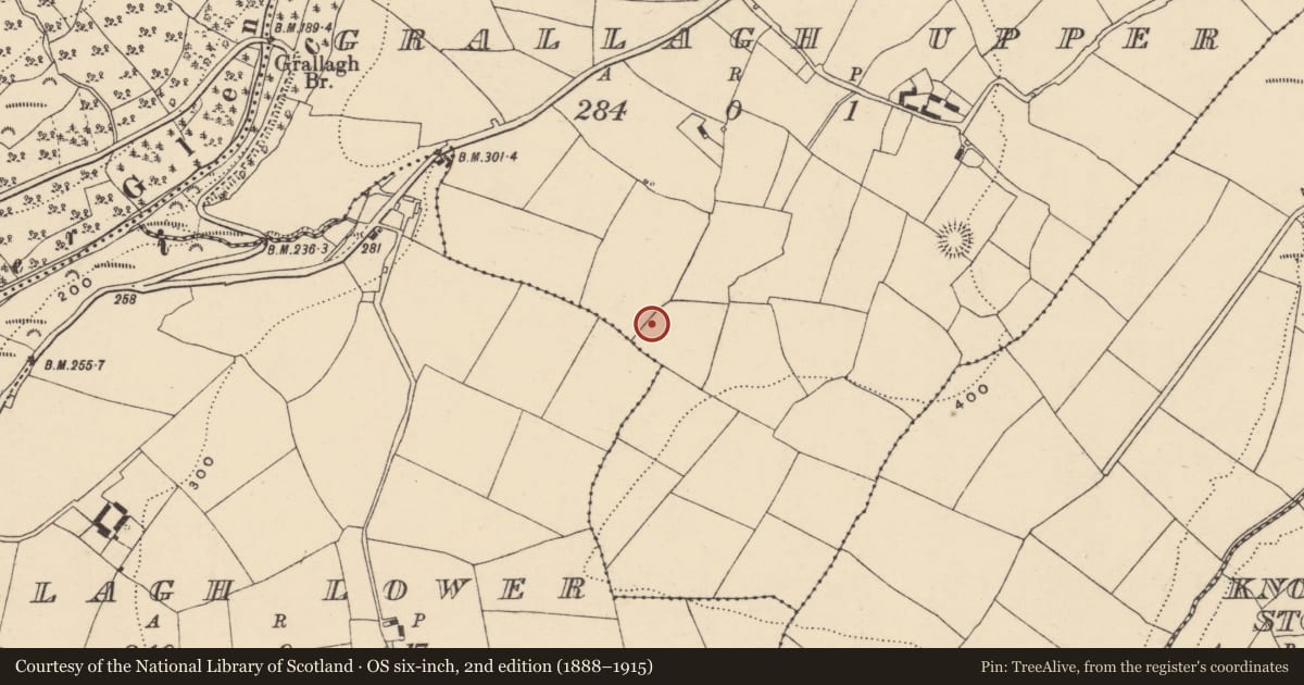 Ordnance Survey six-inch map, 2nd edition (1888–1915) covering the location of Burial ground, Grallagh Upper, County Waterford, with a pin at the register's coordinates