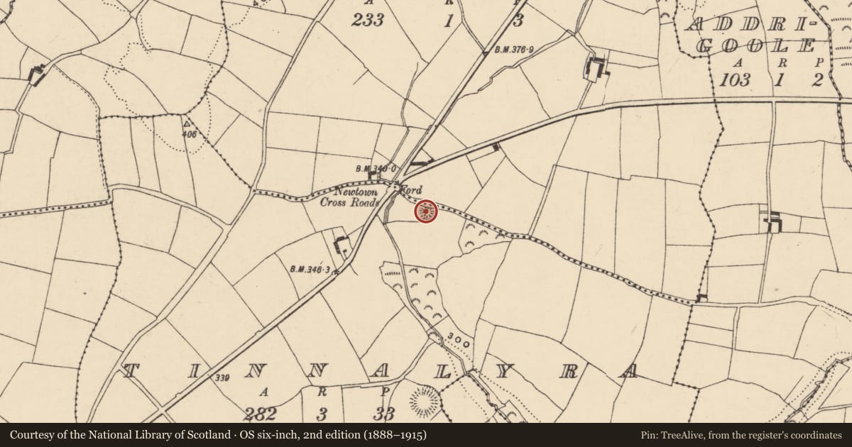 Ordnance Survey six-inch map, 2nd edition (1888–1915) covering the location of Ringfort - rath, Tinnalyra, County Waterford, with a pin at the register's coordinates