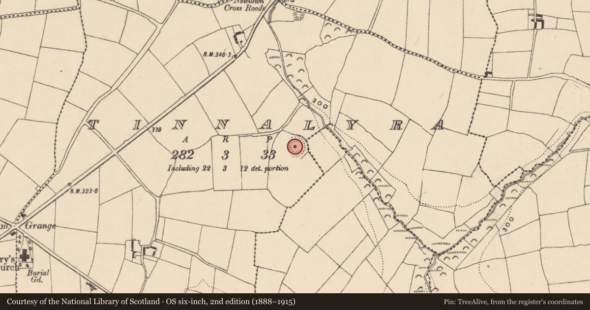 Ordnance Survey six-inch map, 2nd edition (1888–1915) covering the location of Ringfort - rath, Tinnalyra, County Waterford, with a pin at the register's coordinates