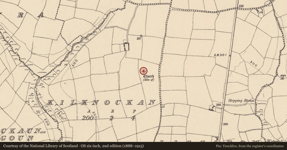 Ordnance Survey six-inch map, 2nd edition (1888–1915) covering the location of Enclosure, Kilknockan, County Waterford, with a pin at the register's coordinates