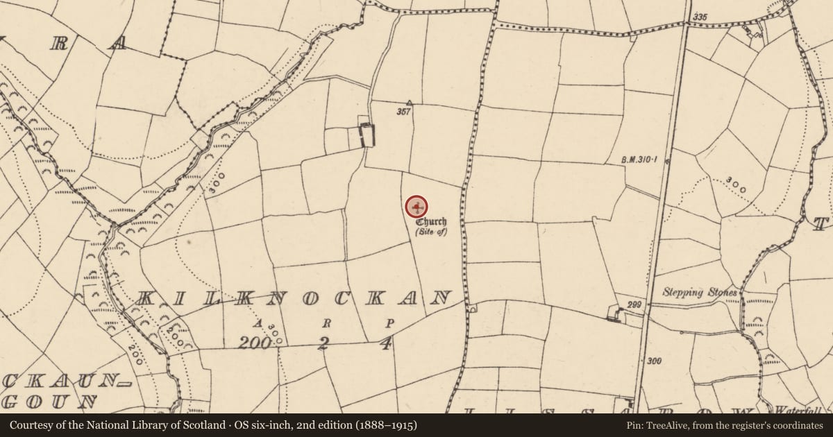 Ordnance Survey six-inch map, 2nd edition (1888–1915) covering the location of Church, Kilknockan, County Waterford, with a pin at the register's coordinates