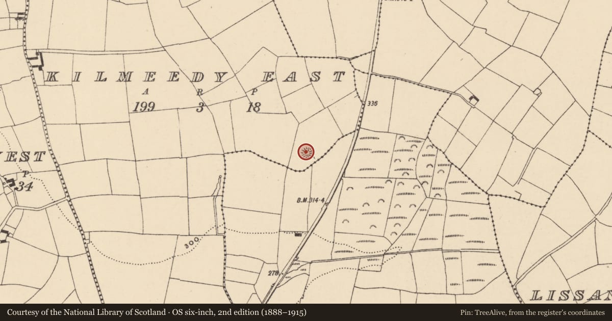 Ordnance Survey six-inch map, 2nd edition (1888–1915) covering the location of Ringfort - unclassified, Kilmeedy East, County Waterford, with a pin at the register's coordinates