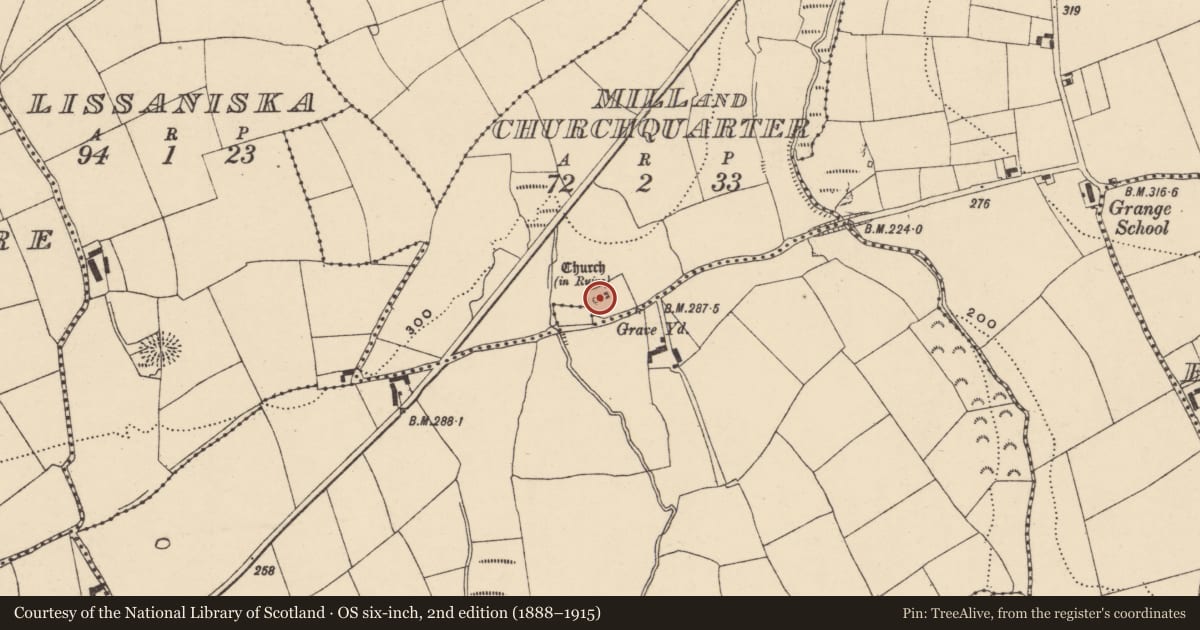 Ordnance Survey six-inch map, 2nd edition (1888–1915) covering the location of Church, Mill And Churchquarter, County Waterford, with a pin at the register's coordinates