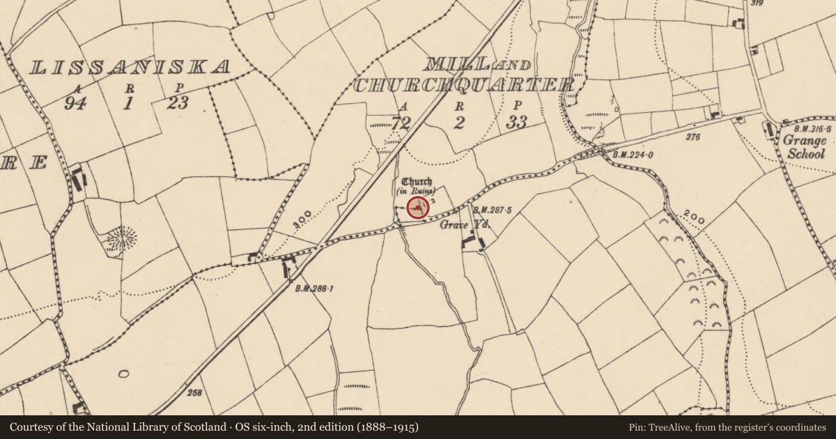 Ordnance Survey six-inch map, 2nd edition (1888–1915) covering the location of Ogham stone, Mill And Churchquarter, County Waterford, with a pin at the register's coordinates
