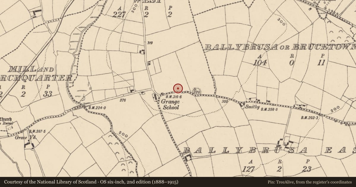 Ordnance Survey six-inch map, 2nd edition (1888–1915) covering the location of Ringfort - unclassified, Ballybrusa West, County Waterford, with a pin at the register's coordinates