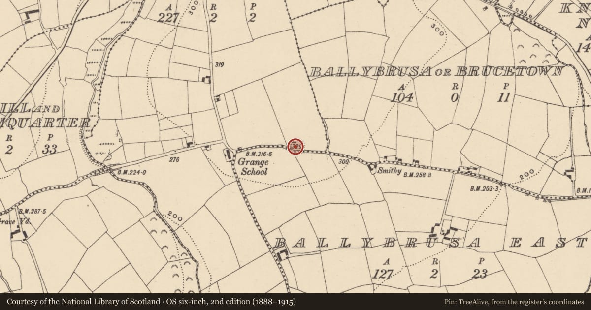 Ordnance Survey six-inch map, 2nd edition (1888–1915) covering the location of Ringfort - rath, Ballybrusa West, County Waterford, with a pin at the register's coordinates