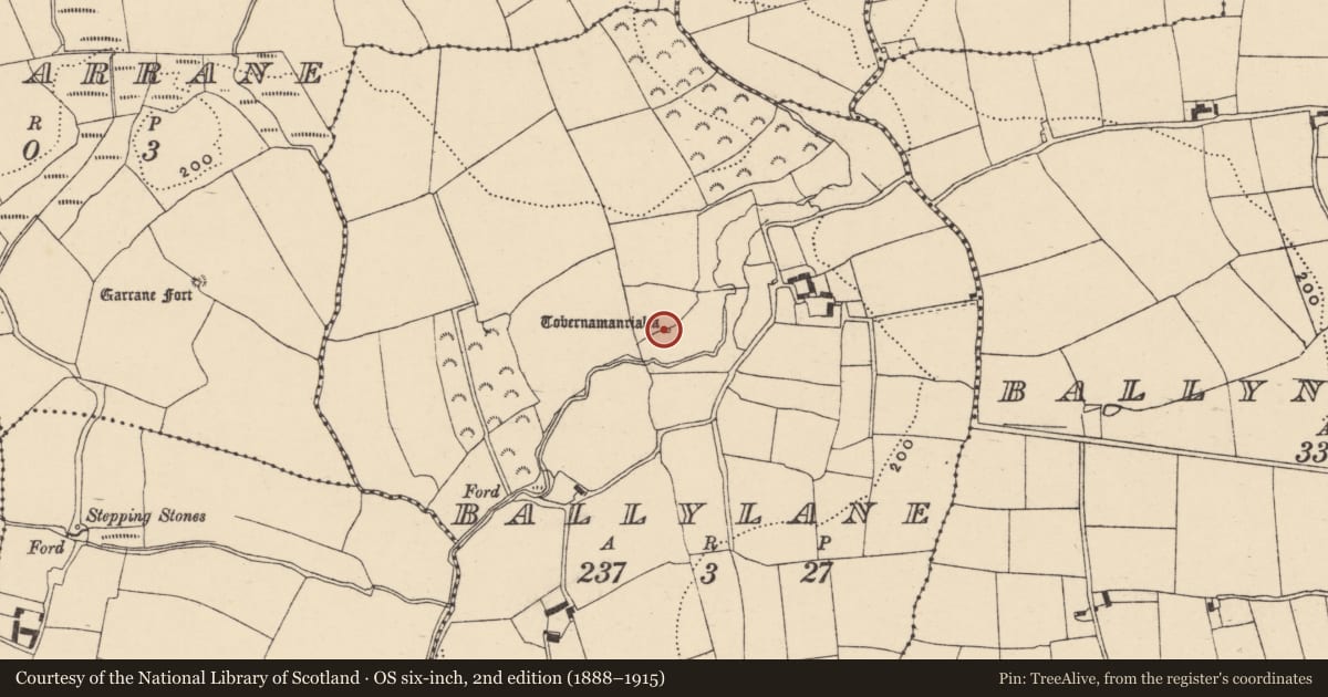 Ordnance Survey six-inch map, 2nd edition (1888–1915) covering the location of Ritual site - holy well, Ballylane, County Waterford, with a pin at the register's coordinates