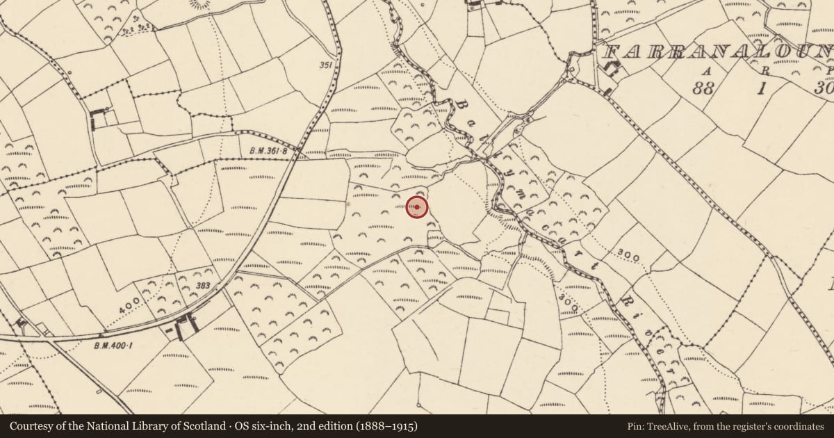 Ordnance Survey six-inch map, 2nd edition (1888–1915) covering the location of Enclosure, Baile Mhac Airt Uachtarach, County Waterford, with a pin at the register's coordinates