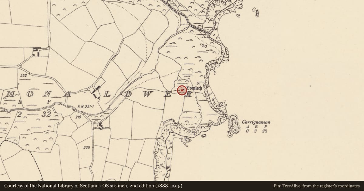 Ordnance Survey six-inch map, 2nd edition (1888–1915) covering the location of Megalithic tomb - court tomb, Baile Na Móna Íochtarach, County Waterford, with a pin at the register's coordinates