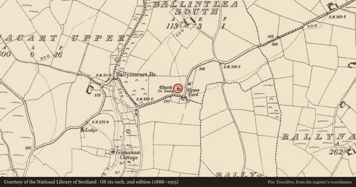 Ordnance Survey six-inch map, 2nd edition (1888–1915) covering the location of Church, Baile An Tsléibhe Theas, County Waterford, with a pin at the register's coordinates