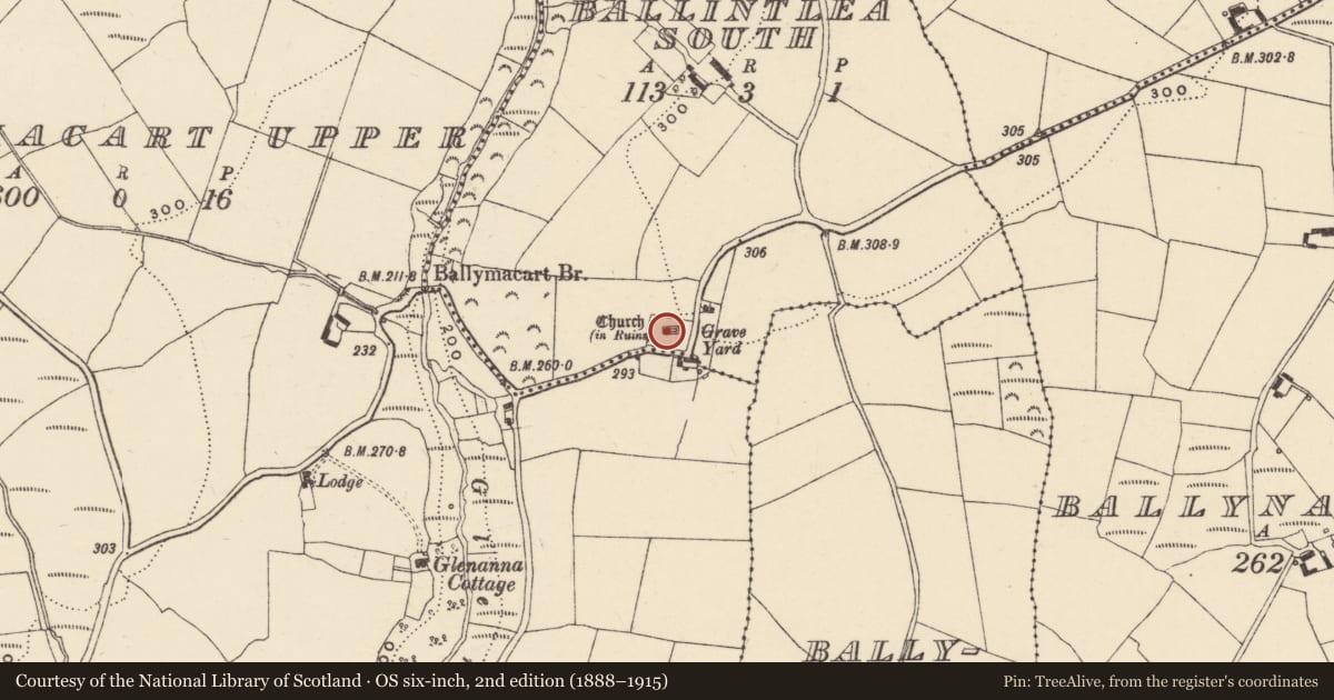 Ordnance Survey six-inch map, 2nd edition (1888–1915) covering the location of Graveyard, Baile An Tsléibhe Theas, County Waterford, with a pin at the register's coordinates